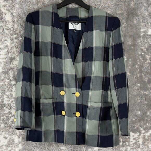 Kasper ASL Petites Sz 8P Checkered V Neck Blazer Jacket Long Sleeve Button Lined - Picture 1 of 8